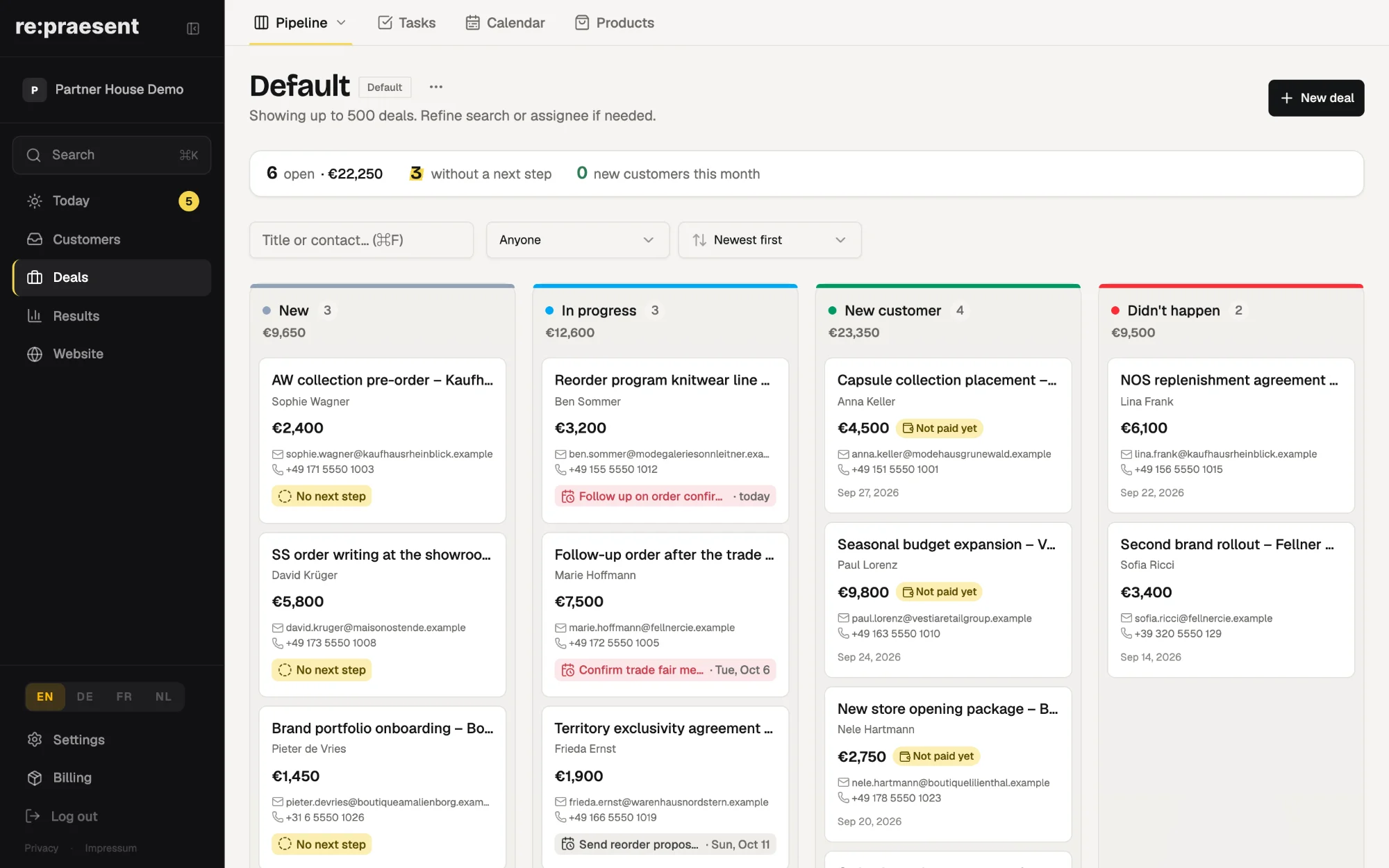 The deals board in re:praesent: every deal with its value, its contact and its next step