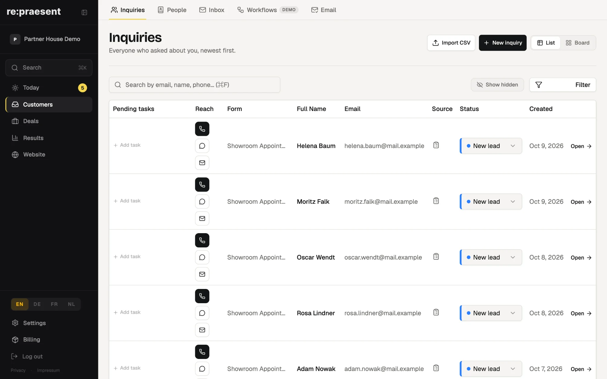 The inquiries list in re:praesent: everyone who asked, newest first, with buttons to call, message or email each person