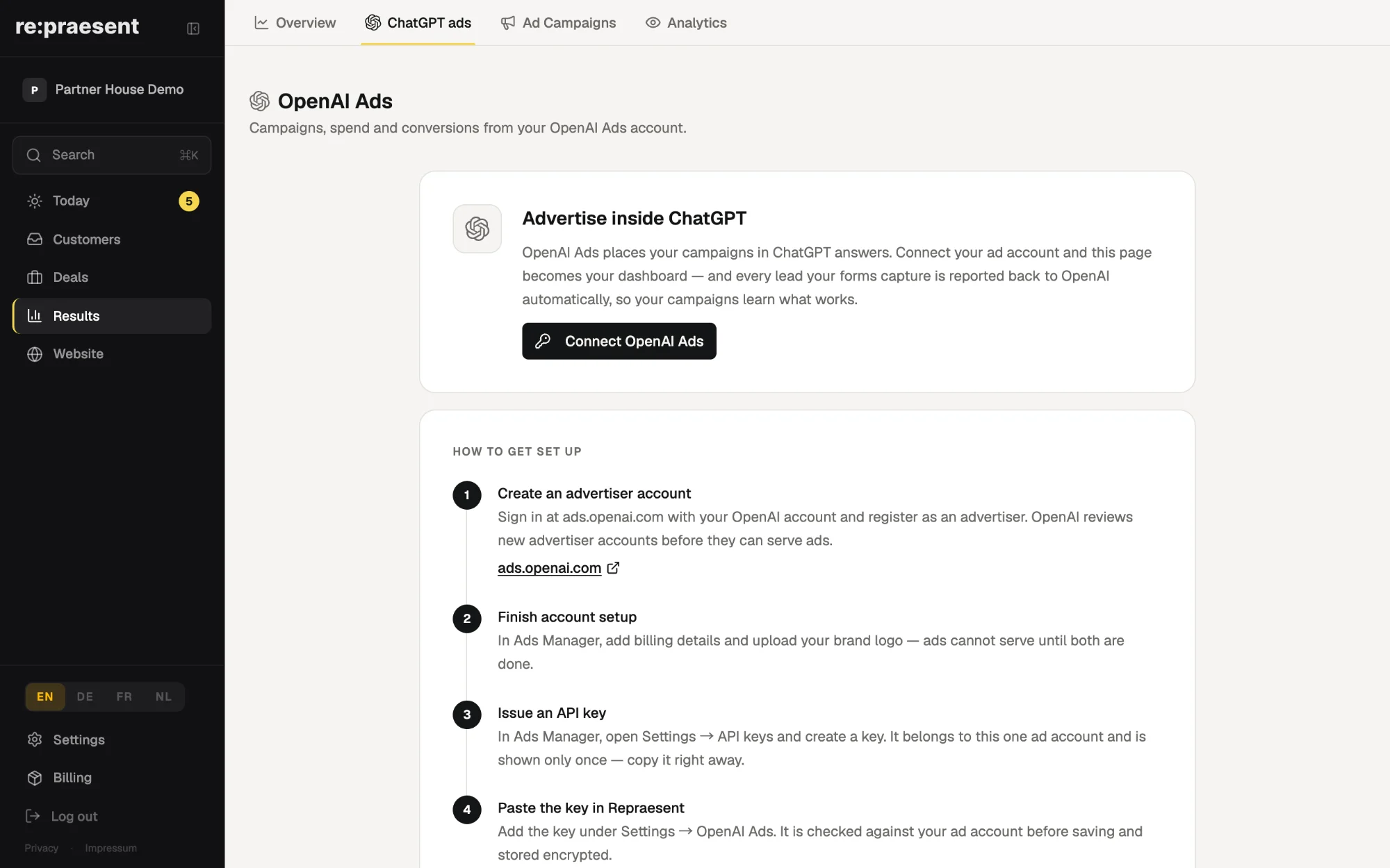 ChatGPT ads in re:praesent: campaigns, spend and the inquiries they brought.