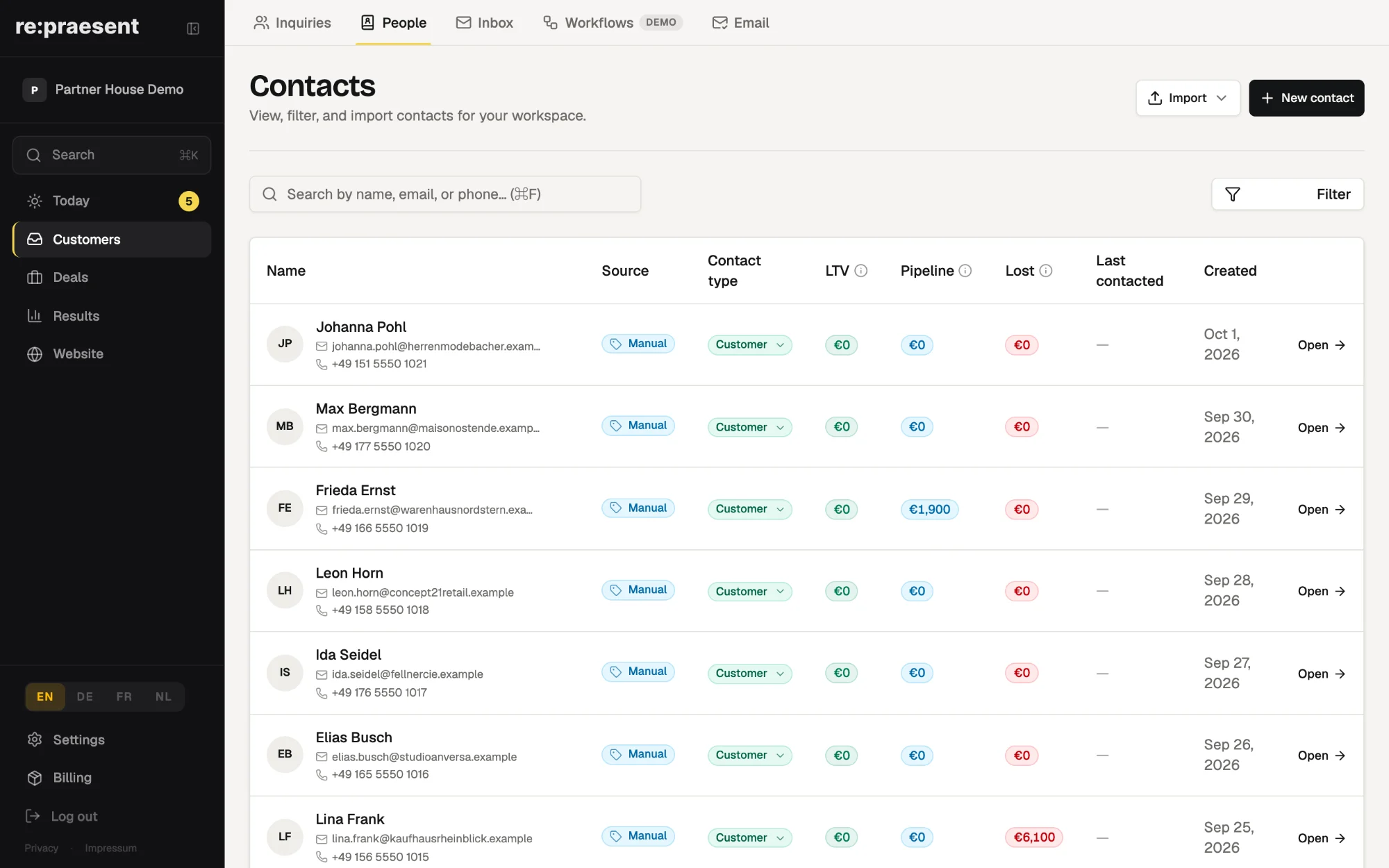 The people list in re:praesent, each with their deals and emails in one record.