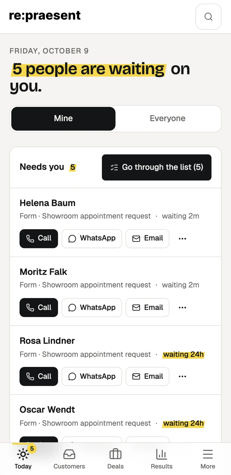 The same Today screen on a phone, with Call, WhatsApp and Email buttons beside each person