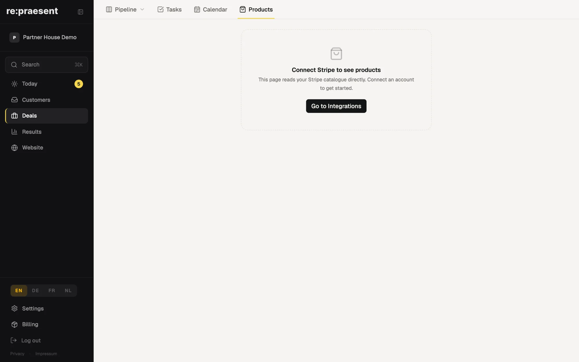 The products list in re:praesent, read from the connected Stripe account.
