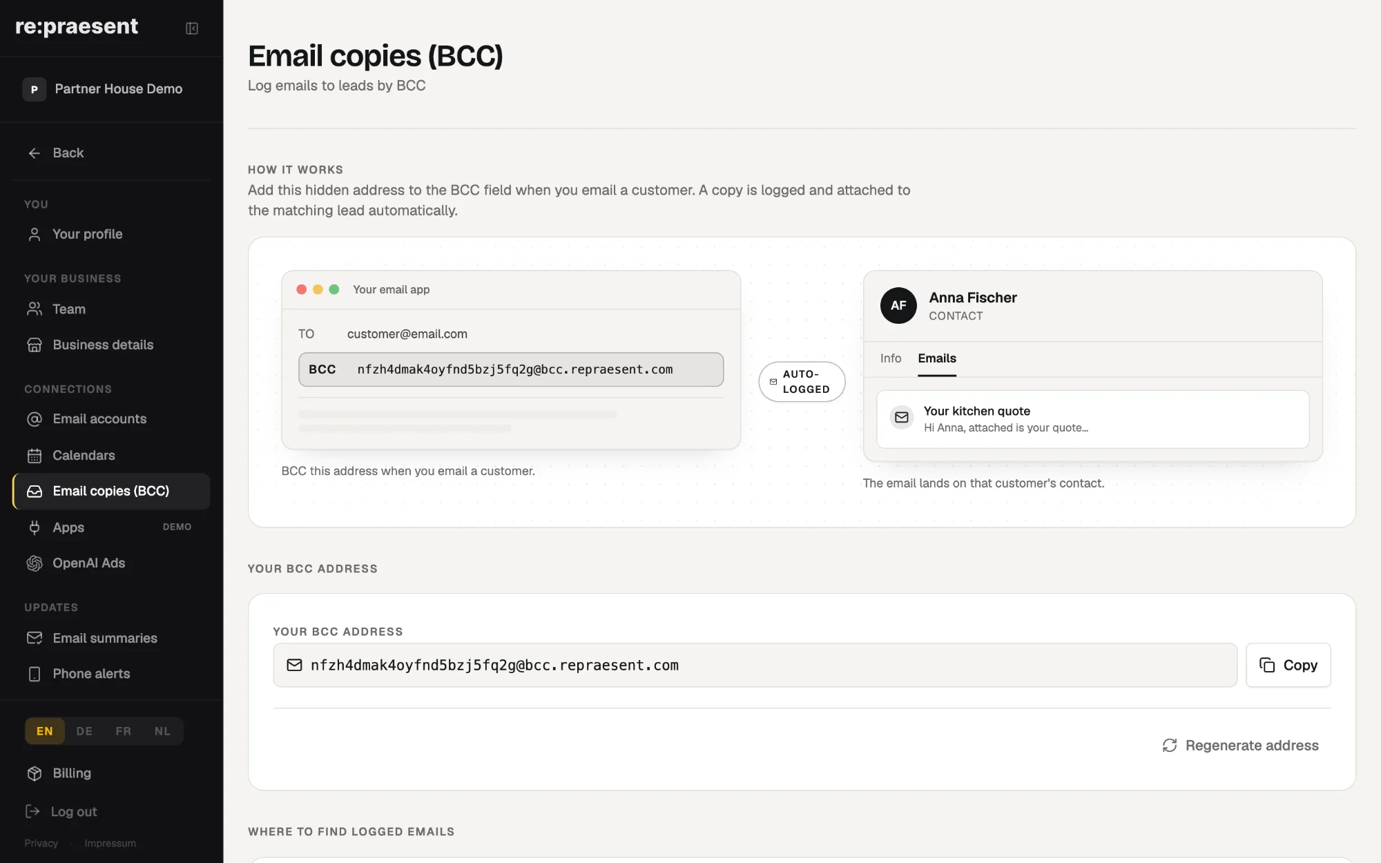 The email copies screen: the BCC address that files sent emails on the right customer.