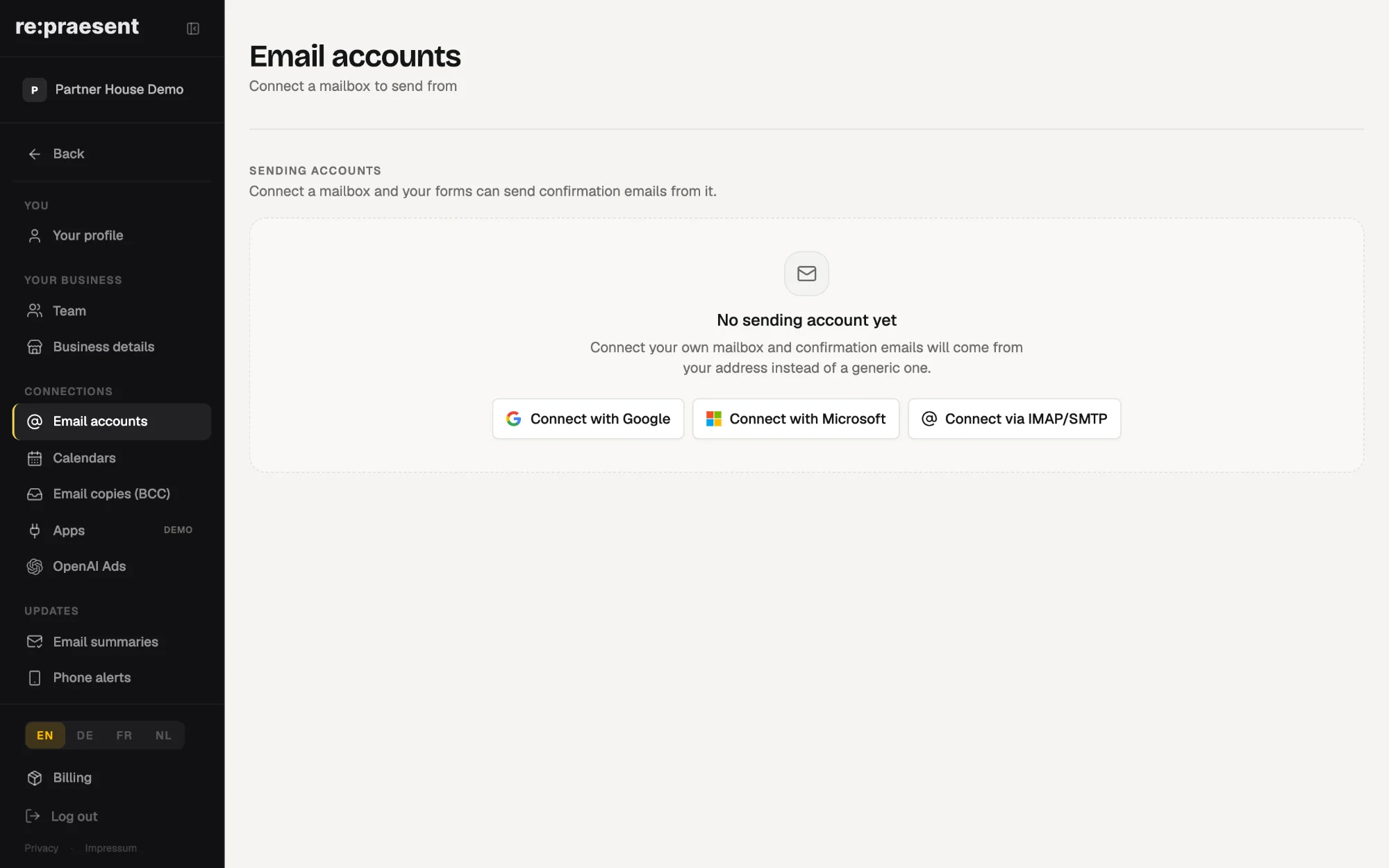 Connected email accounts in re:praesent settings: Google, Microsoft 365 or SMTP.