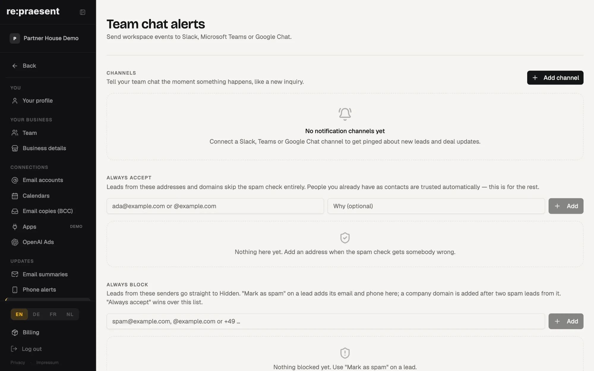 Team chat alerts in re:praesent settings: a Slack or Teams channel that receives new inquiries.