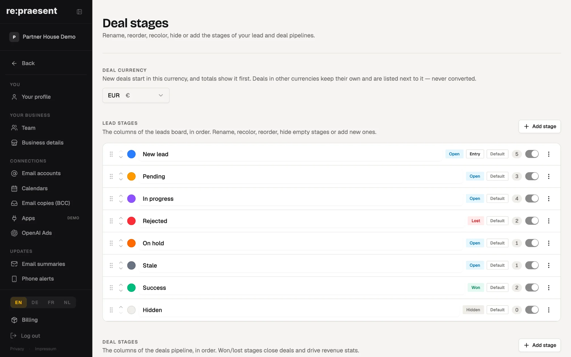 Deal stages in re:praesent settings, renamed and reordered to match how the business sells.