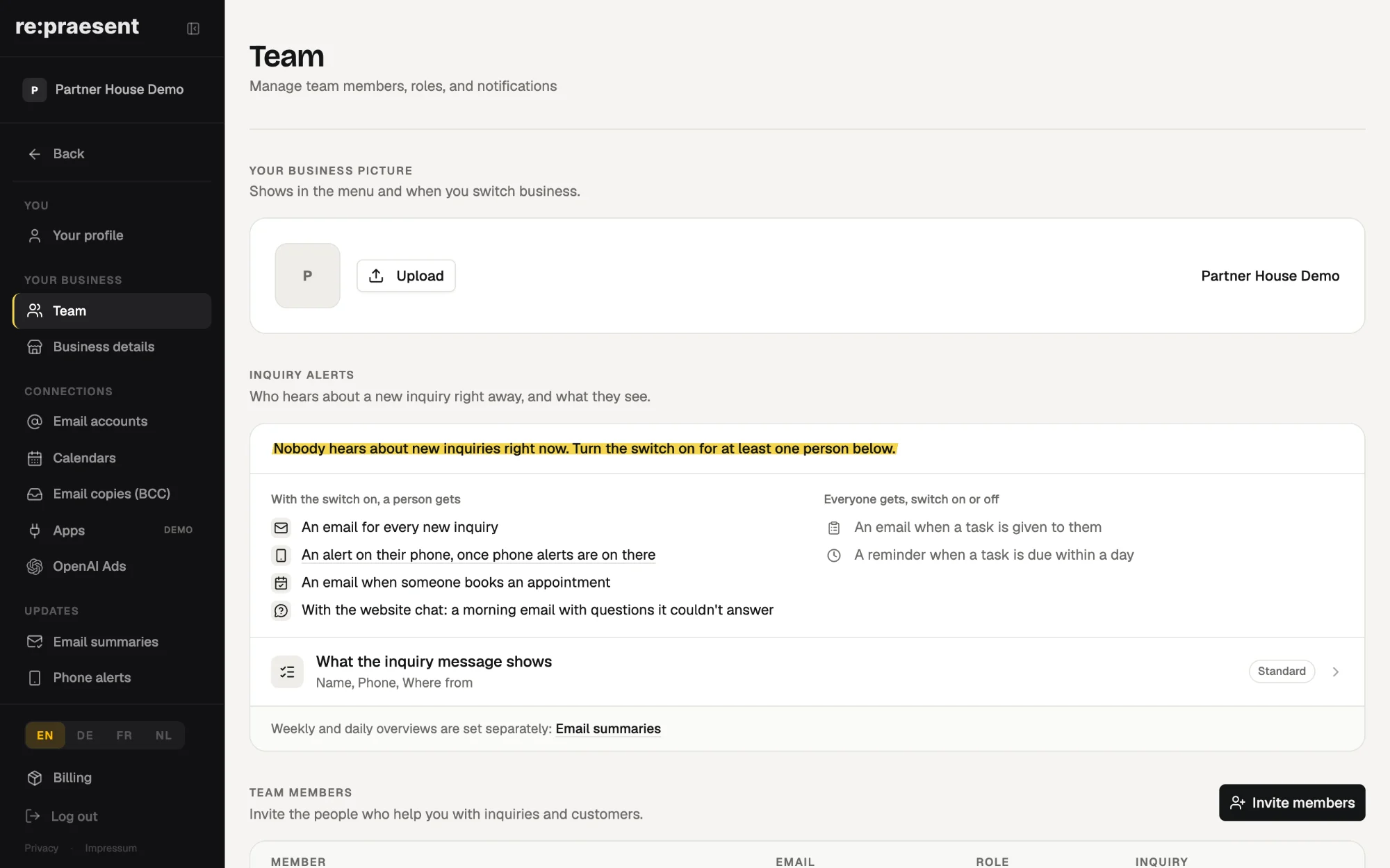 re:praesent settings with the language switch: English, German, French and Dutch.