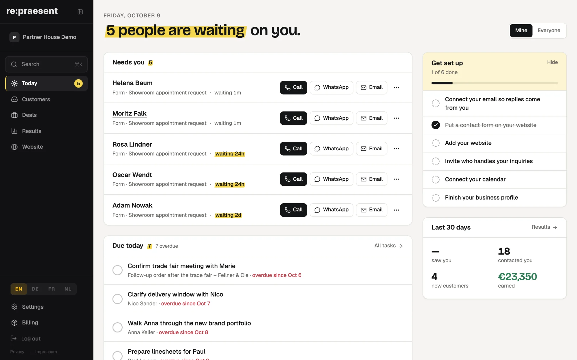 The Today screen of re:praesent: five people waiting for a call back, tasks due today and the last 30 days in four numbers