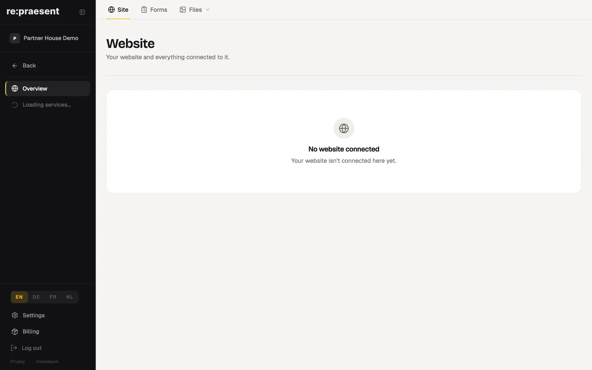 The Website screen in re:praesent: the site, its services and what is switched on.